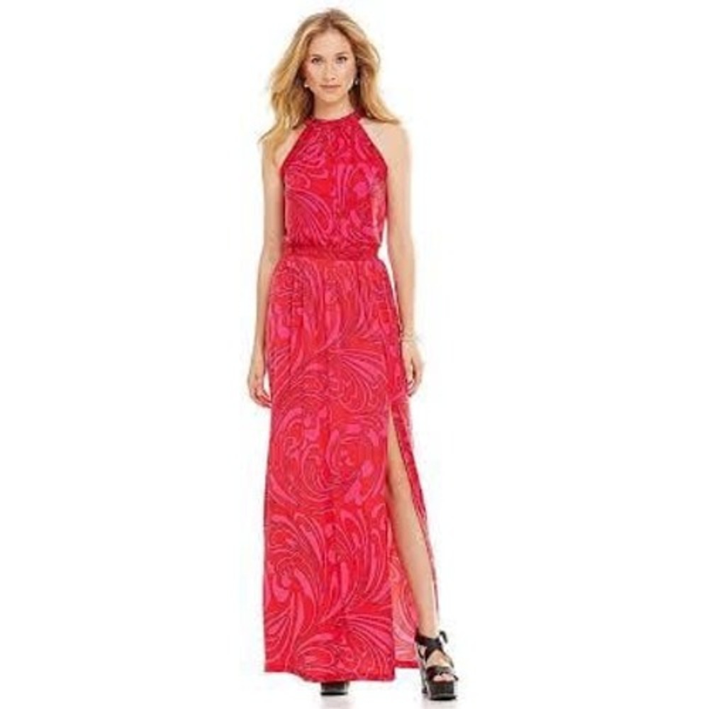 Michael Kors Cynthia Pink & Red Paisley Maxi Halter Dress,‎ Small